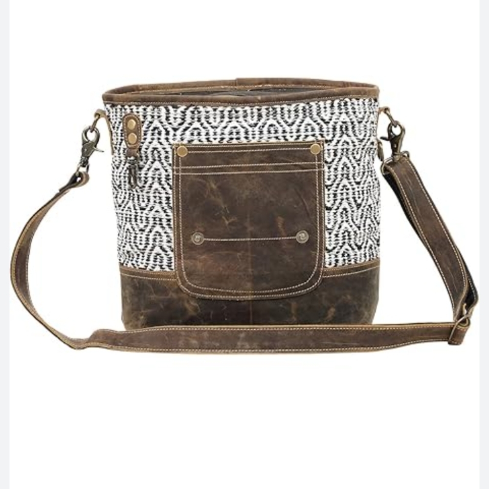 Myra Bag Brown and White Crossbody with Geometric Design